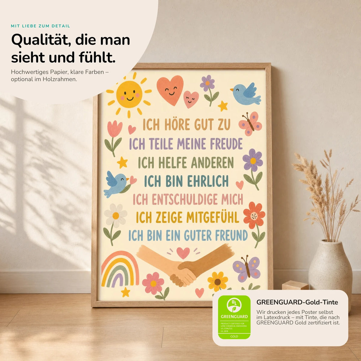 Kinderposter âBlumenwiese Ich höre zuâ im Holzrahmen auf dem Regal â Poster mit SprĂŒchen fĂŒrs Kinderzimmer