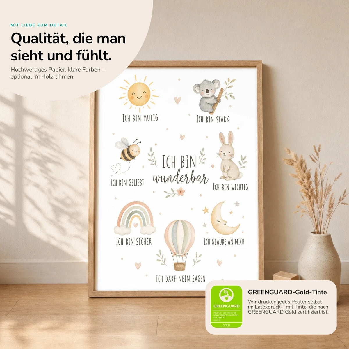 Kinderposter âCollage Ich bin wunderbarâ im Holzrahmen auf dem Regal â Poster mit SprĂŒchen fĂŒrs Kinderzimmer