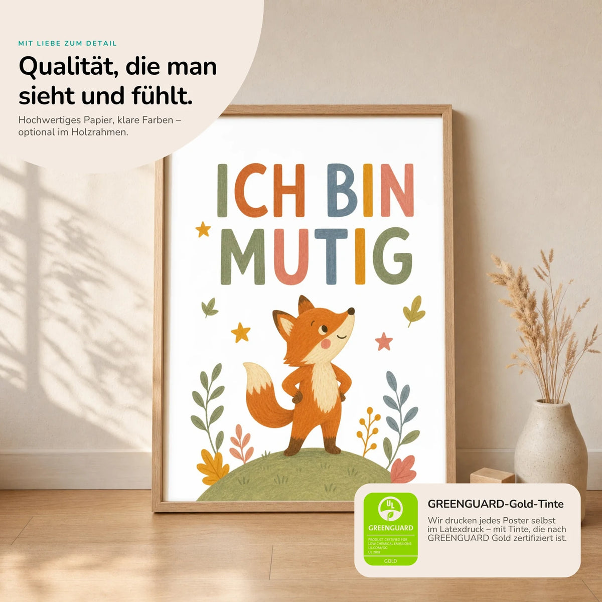 Kinderposter âFuchs Ich bin mutigâ im Holzrahmen auf dem Regal â Poster mit SprĂŒchen fĂŒrs Kinderzimmer