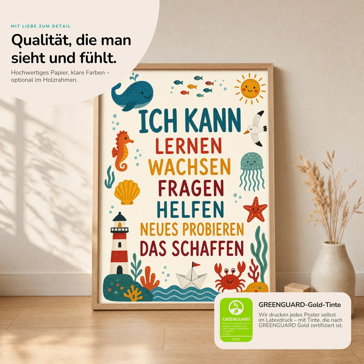 Kinderposter âMeer Ich kann lernenâ im Holzrahmen auf dem Regal â Poster mit SprĂŒchen fĂŒrs Kinderzimmer