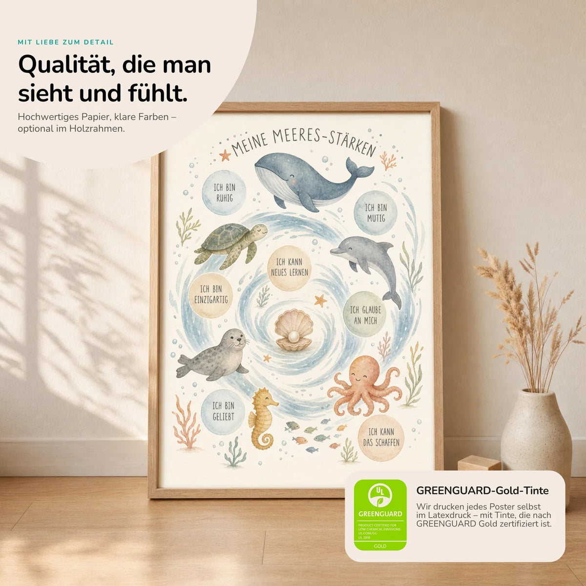 Kinderposter âMeeres-StĂ€rkenâ im Holzrahmen auf dem Regal â Poster mit SprĂŒchen fĂŒrs Kinderzimmer