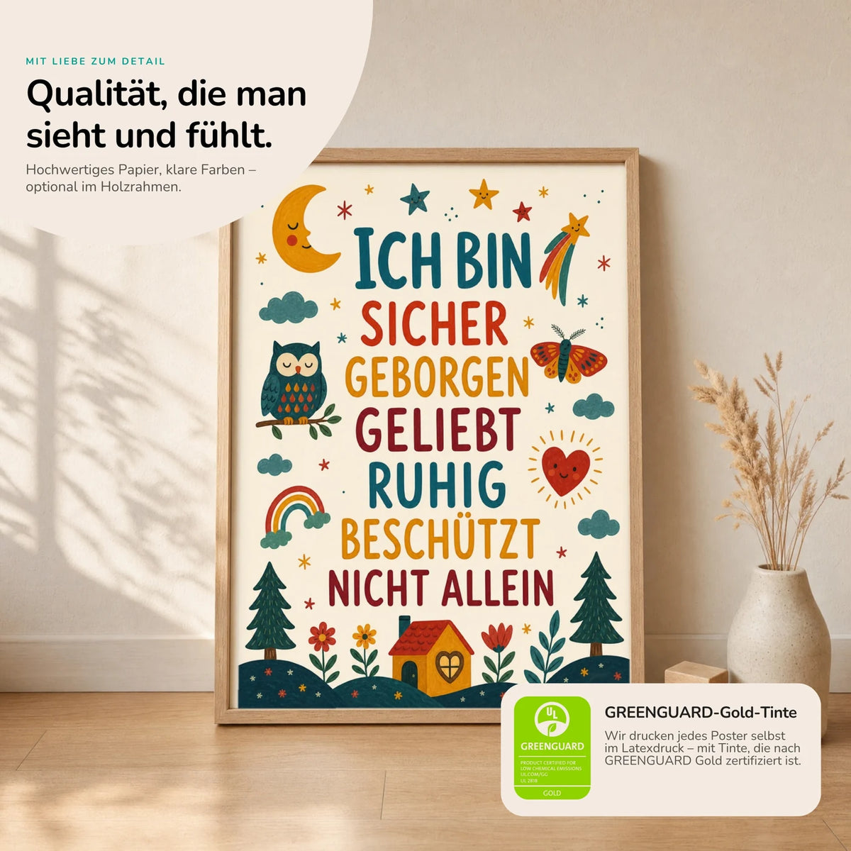 Kinderposter âNachthimmel Ich bin sicherâ im Holzrahmen auf dem Regal â Poster mit SprĂŒchen fĂŒrs Kinderzimmer