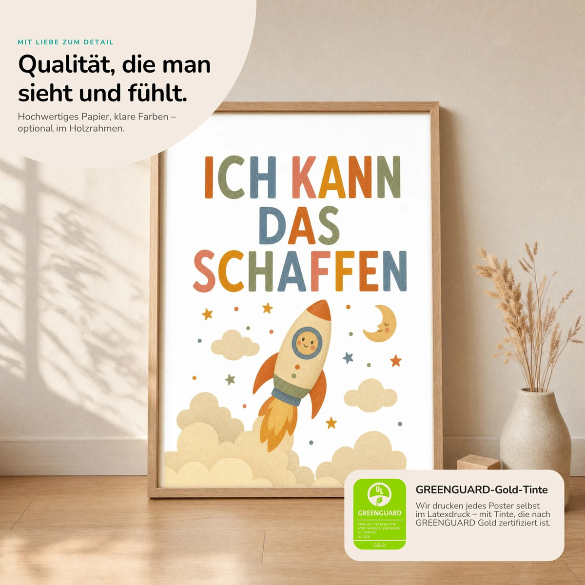 Kinderposter âRakete Ich kann das schaffenâ im Holzrahmen auf dem Regal â Poster mit SprĂŒchen fĂŒrs Kinderzimmer