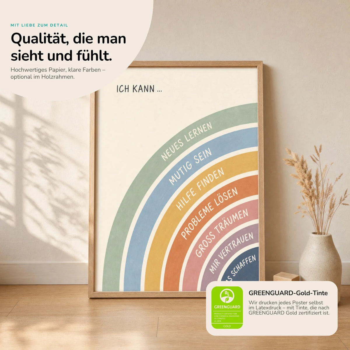 Kinderposter âRegenbogen Ich kann vielâ im Holzrahmen auf dem Regal â Poster mit SprĂŒchen fĂŒrs Kinderzimmer