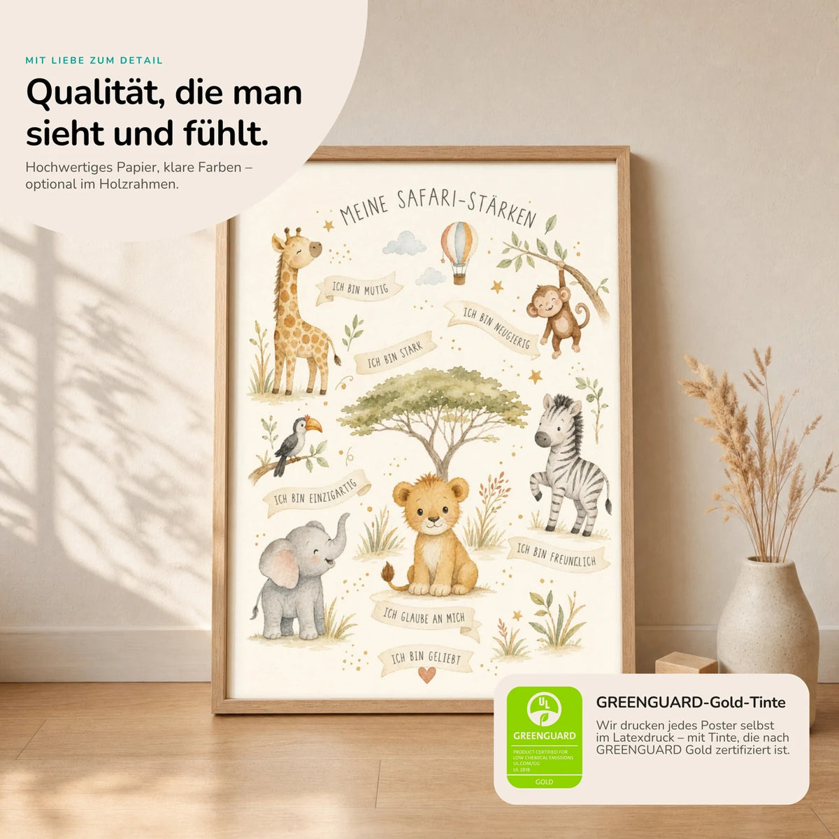 Kinderposter âSafari-StĂ€rkenâ im Holzrahmen auf dem Regal â Poster mit SprĂŒchen fĂŒrs Kinderzimmer