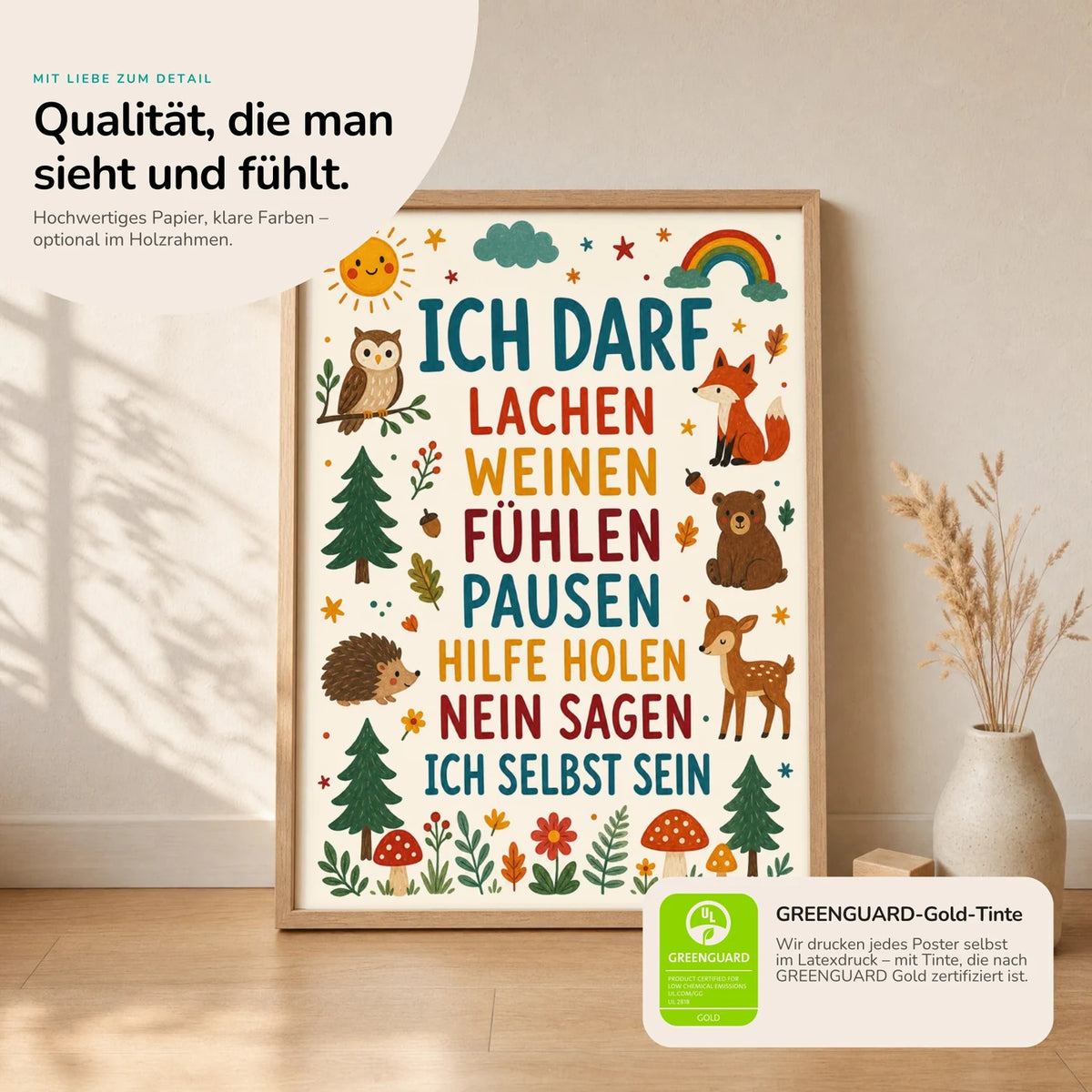Kinderposter âWald Ich darf lachenâ im Holzrahmen auf dem Regal â Poster mit SprĂŒchen fĂŒrs Kinderzimmer