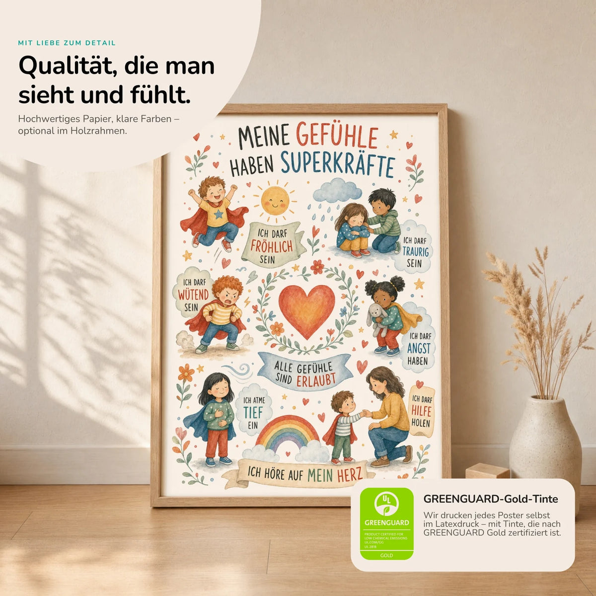 Kinderposter „Wimmelbild Gefühle“ im Holzrahmen auf dem Regal – Poster mit Sprüchen fürs Kinderzimmer