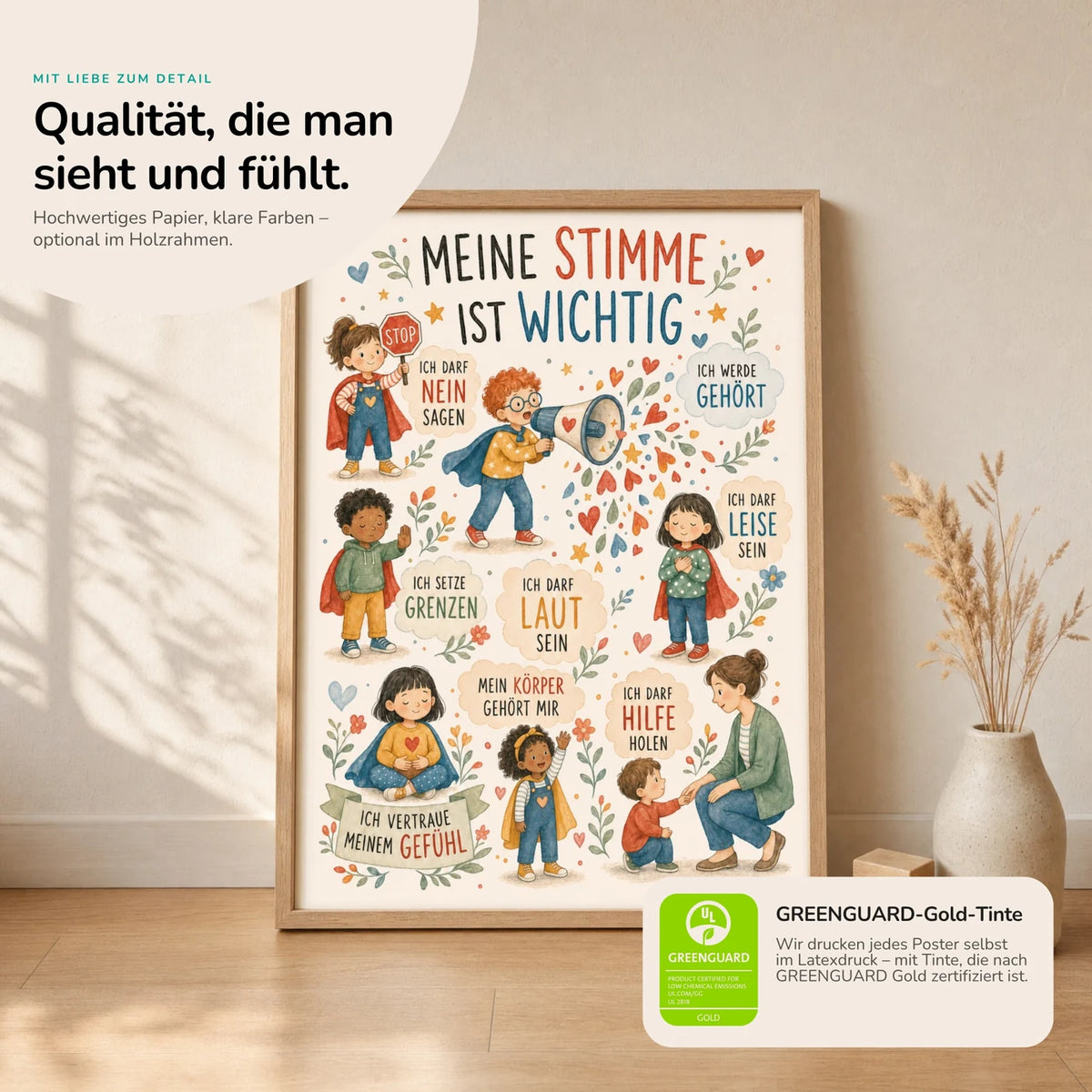 Kinderposter âWimmelbild Meine Stimmeâ im Holzrahmen auf dem Regal â Poster mit SprĂŒchen fĂŒrs Kinderzimmer