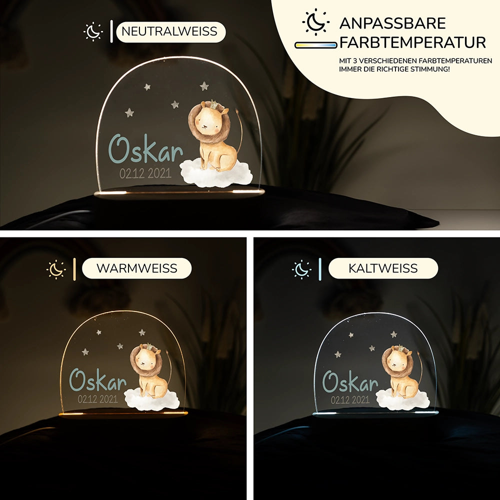Nachtlicht Löwe fürs Kinderzimmer in drei Lichtfarben: Warmweiß, Neutralweiß und Kaltweiß