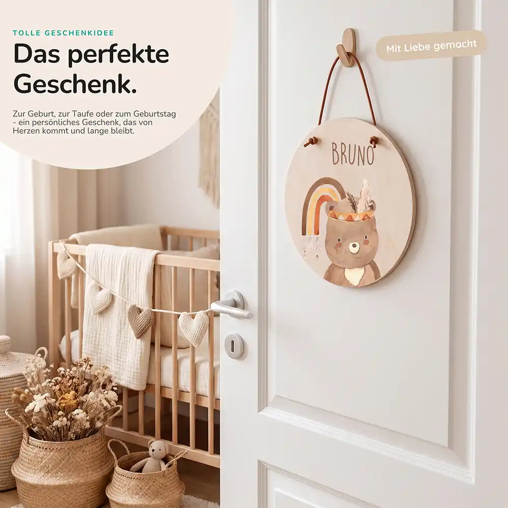 TĂŒrschild Kinderzimmer BĂ€r mit Regenbogen, als persönliches Geschenk zur Geburt