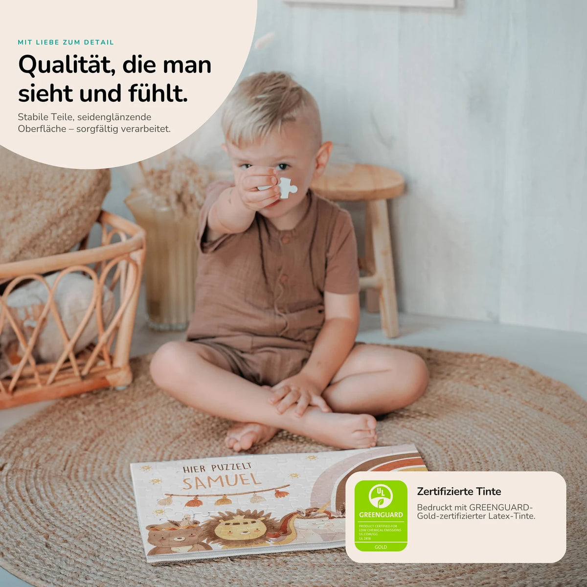 Kinderpuzzle personalisiert mit Namen - Boho Tiere mit Regenbogen