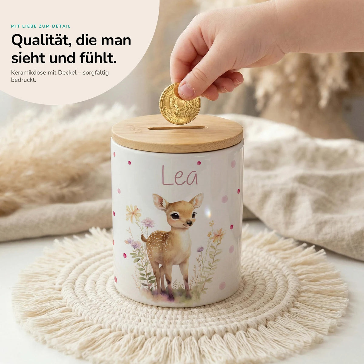 Personalisierte Spardose Rehkitz Blumenwiese – Keramik & Bambus mit Wunschname