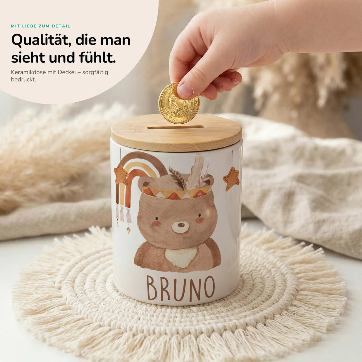 Personalisierte Spardose Boho-BĂ€r â Keramik & Bambus mit Wunschname