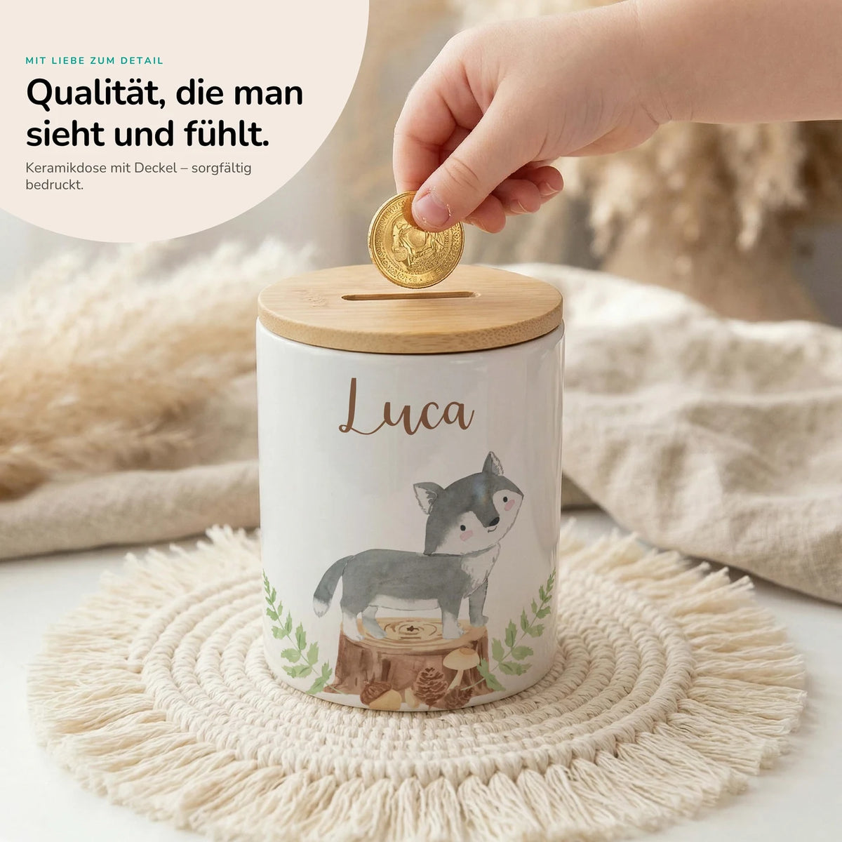 Personalisierte Spardose Wolf Wald – Keramik & Bambus mit Wunschname