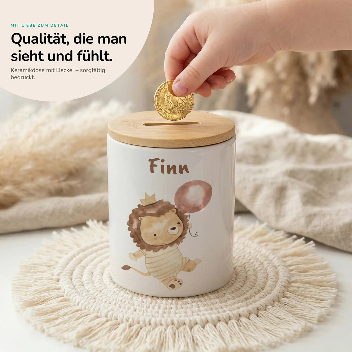 Personalisierte Spardose Löwe Geburtstag â Keramik & Bambus mit Wunschname