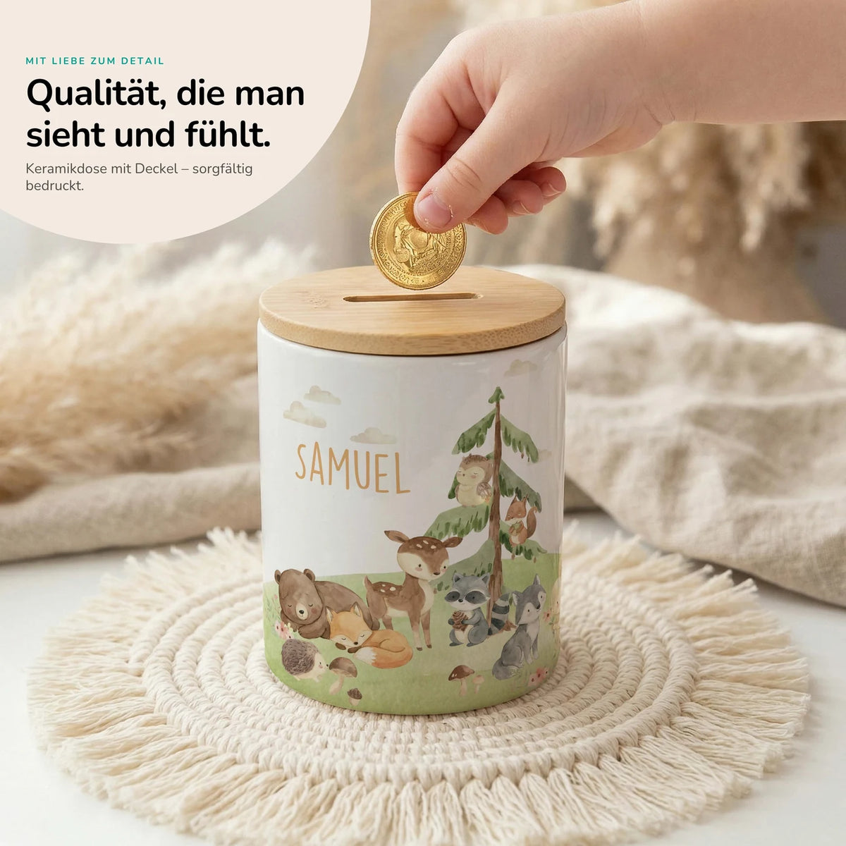 Personalisierte Spardose Waldszene V â Keramik & Bambus mit Wunschname