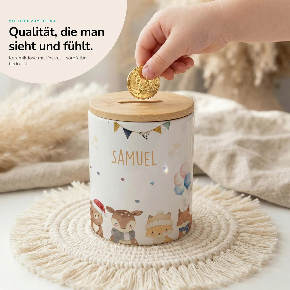 Personalisierte Spardose Waldtiere Geburtstag – Keramik & Bambus mit Wunschname