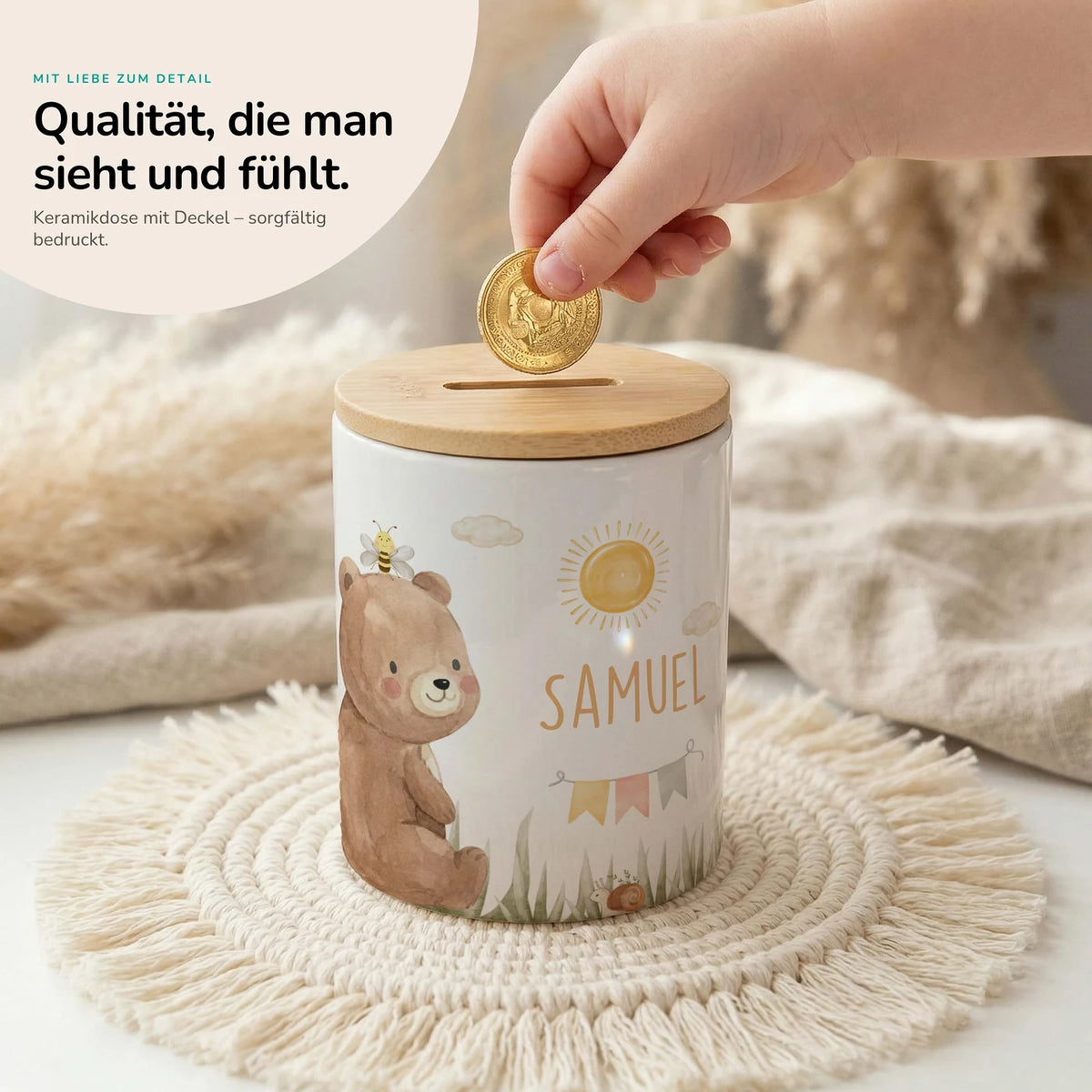 Personalisierte Spardose BĂ€r Sommer â Keramik & Bambus mit Wunschname