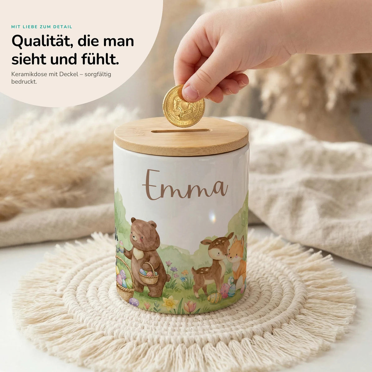 Personalisierte Spardose Ostern BĂ€renfamilie â Keramik & Bambus mit Wunschname