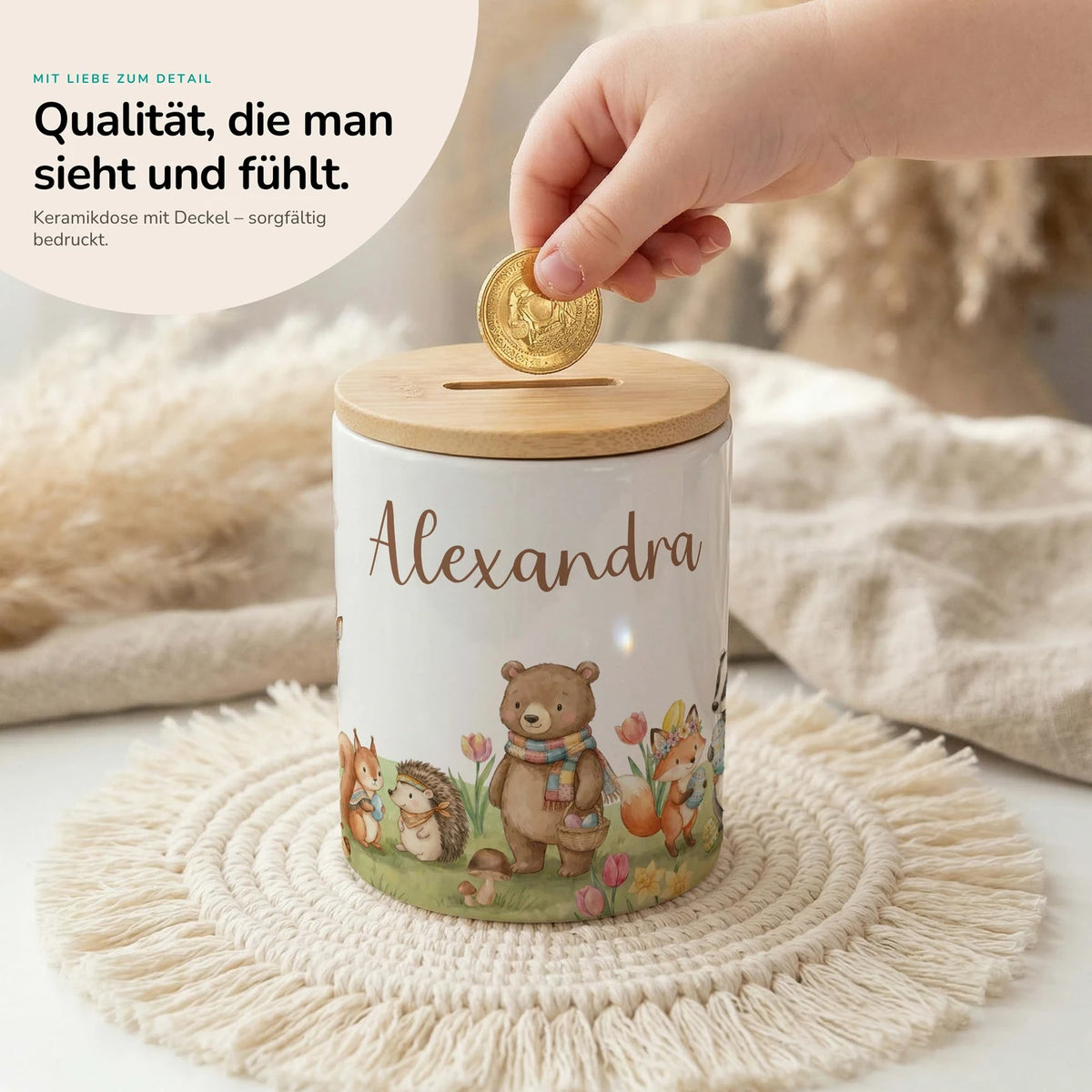 Personalisierte Spardose Herbst-Waldtiere – Keramik & Bambus mit Wunschname