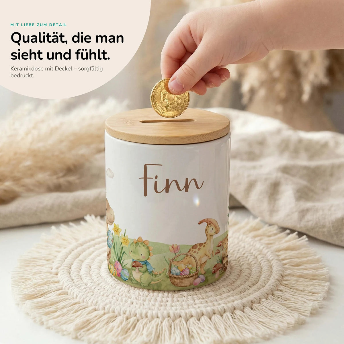 Personalisierte Spardose Dinos Ostern – Keramik & Bambus mit Wunschname