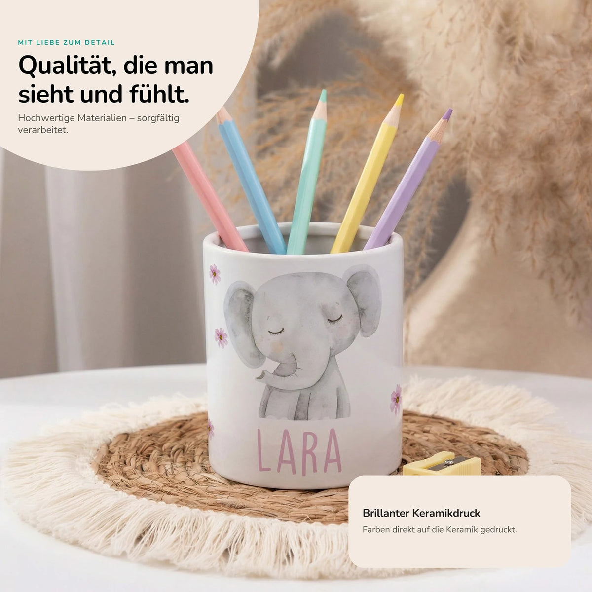 Personalisierter Stiftehalter Elefant Blumen â Keramik mit Wunschname