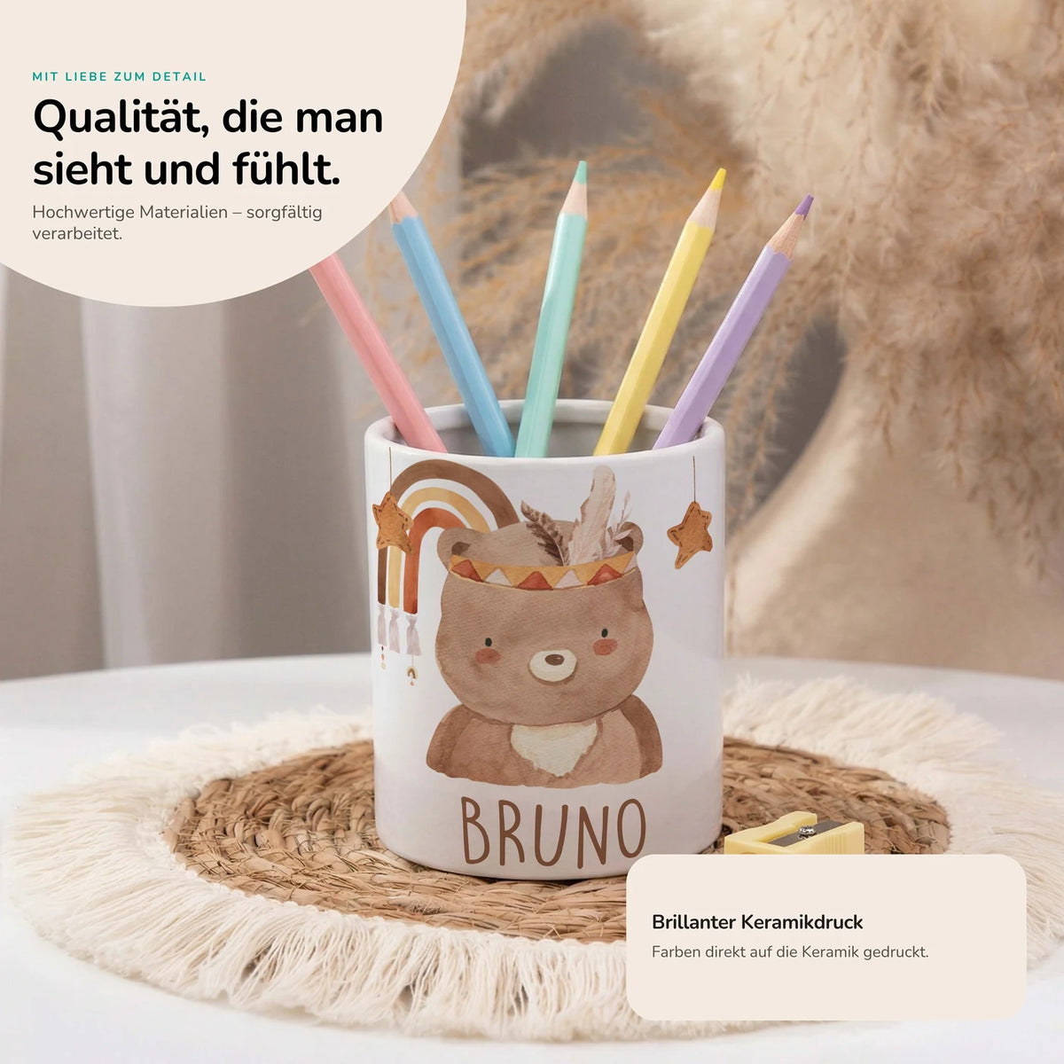 Personalisierter Stiftehalter Boho-BĂ€r â Keramik mit Wunschname
