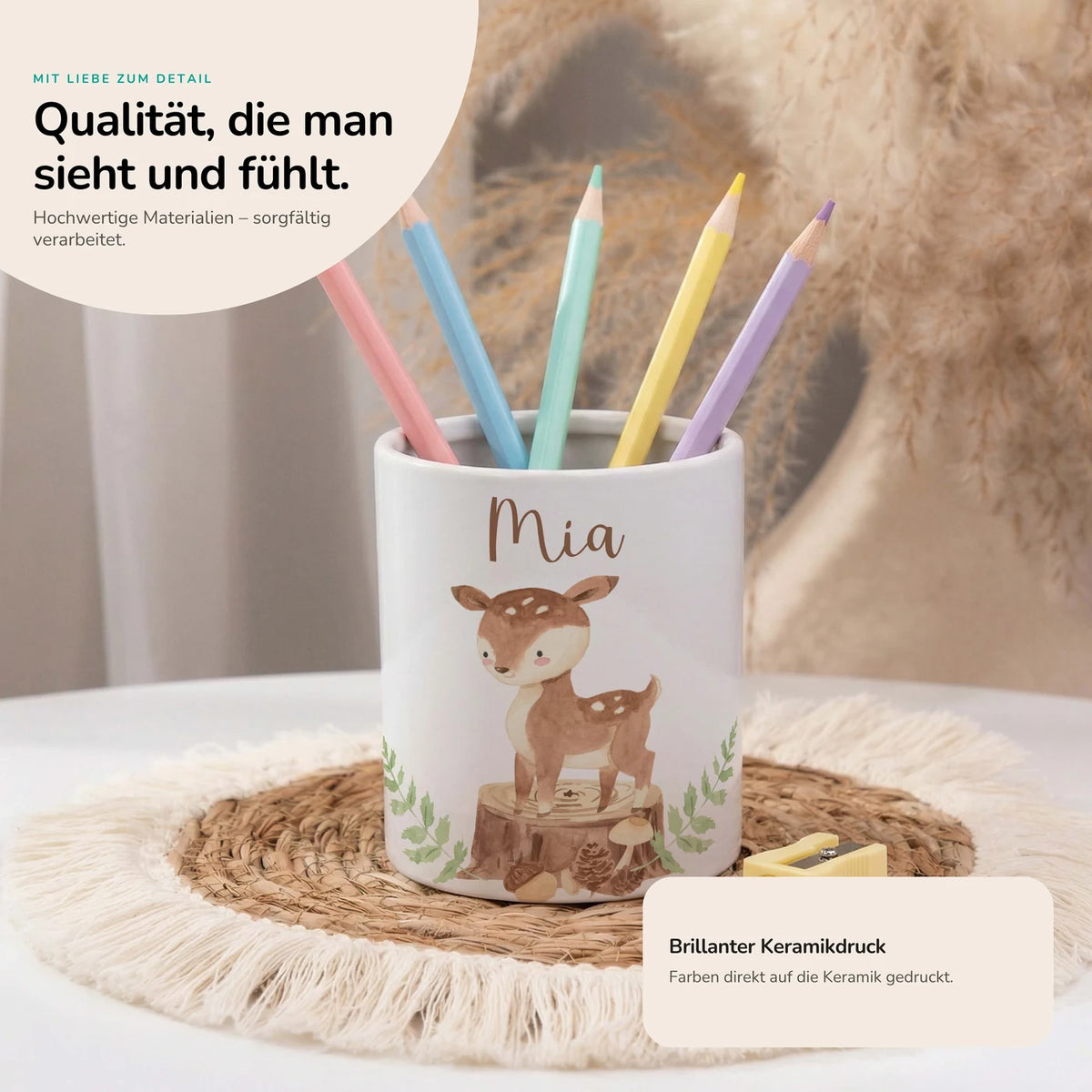 Personalisierter Stiftehalter Rehkitz Wald – Keramik mit Wunschname