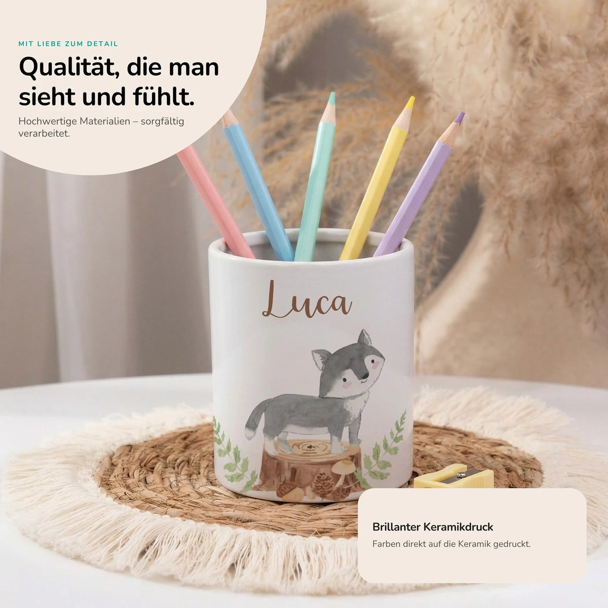 Personalisierter Stiftehalter Wolf Wald â Keramik mit Wunschname