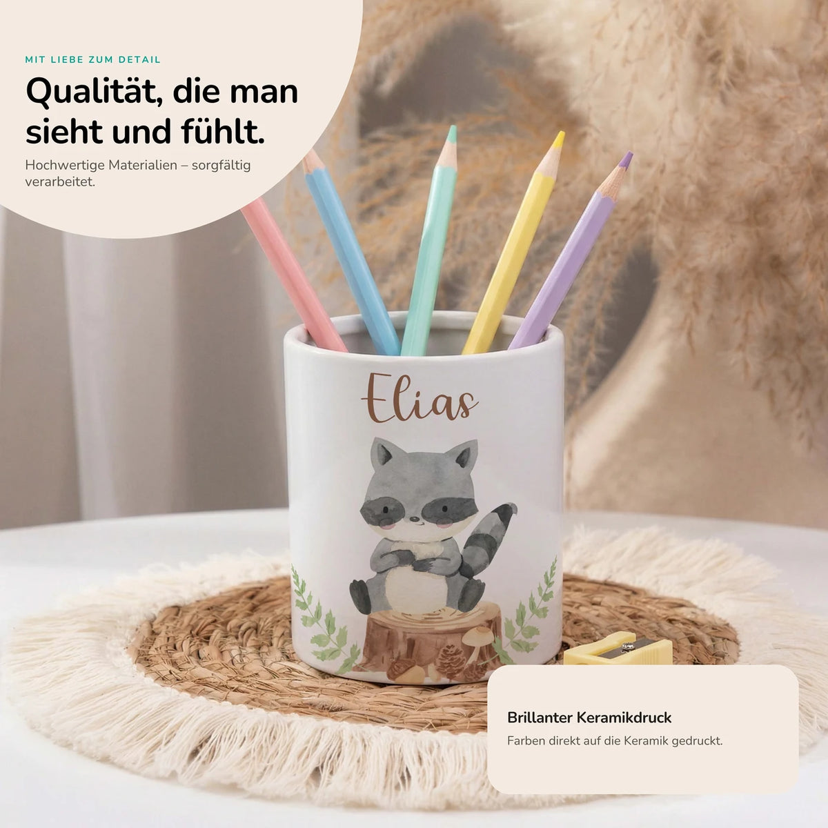 Personalisierter Stiftehalter WaschbĂ€r Wald â Keramik mit Wunschname