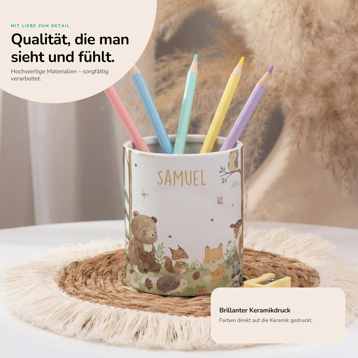 Personalisierter Stiftehalter Waldfreunde I – Keramik mit Wunschname
