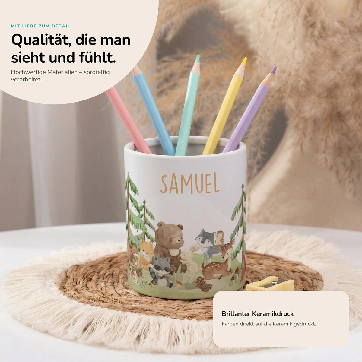 Personalisierter Stiftehalter Waldfreunde II – Keramik mit Wunschname