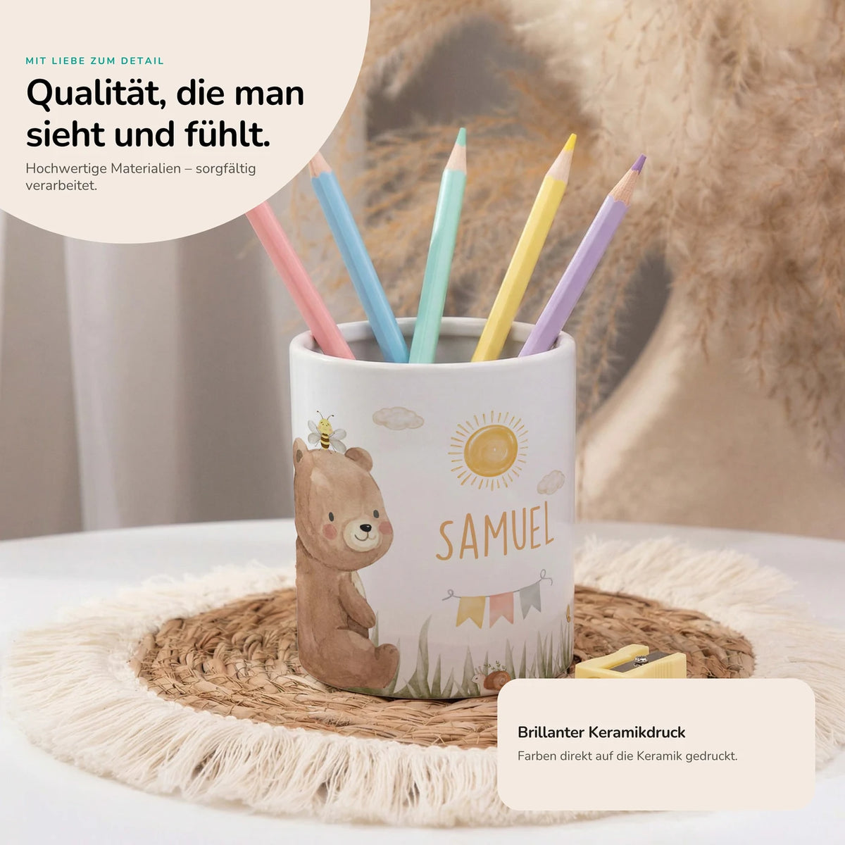Personalisierter Stiftehalter BĂ€r Sommer â Keramik mit Wunschname