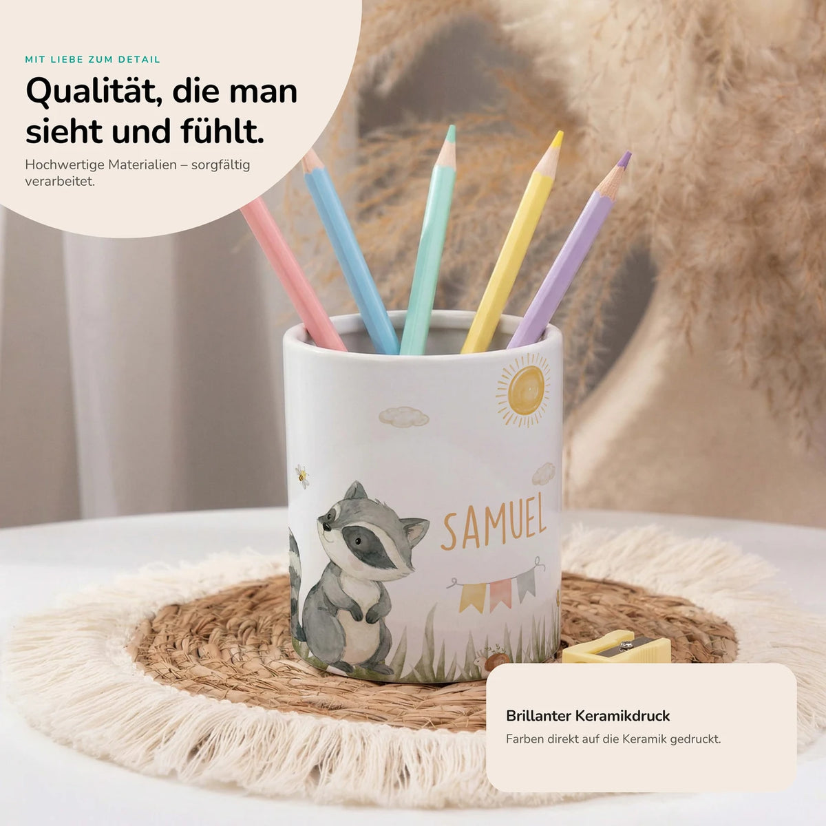 Personalisierter Stiftehalter WaschbĂ€r Sommer â Keramik mit Wunschname