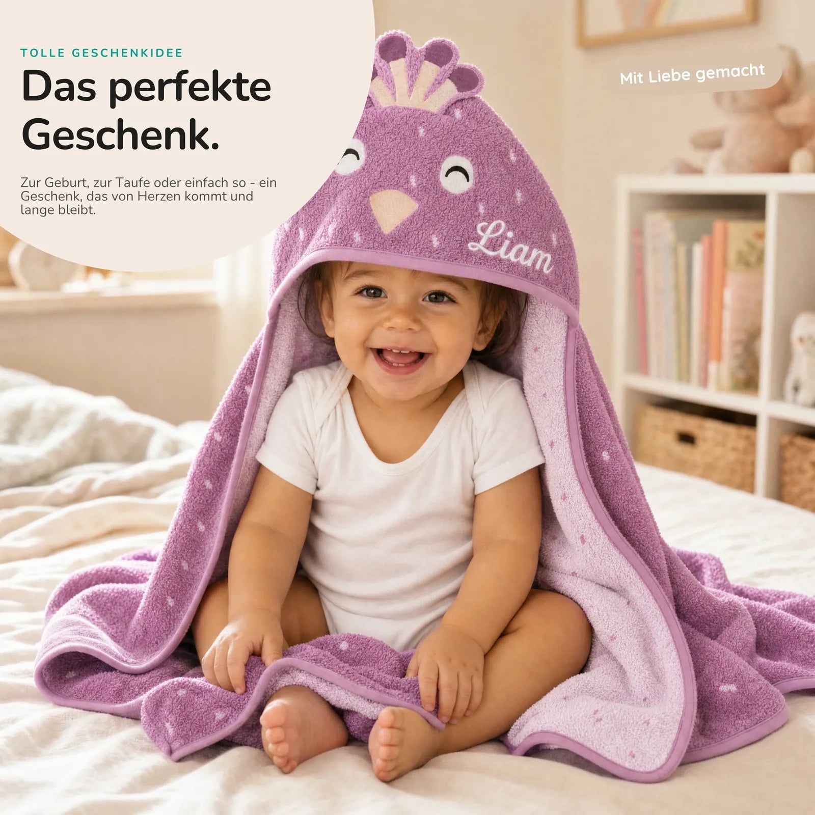 Trixie Kapuzenhandtuch Baby Pfau, Tiermotiv auf der Kapuze