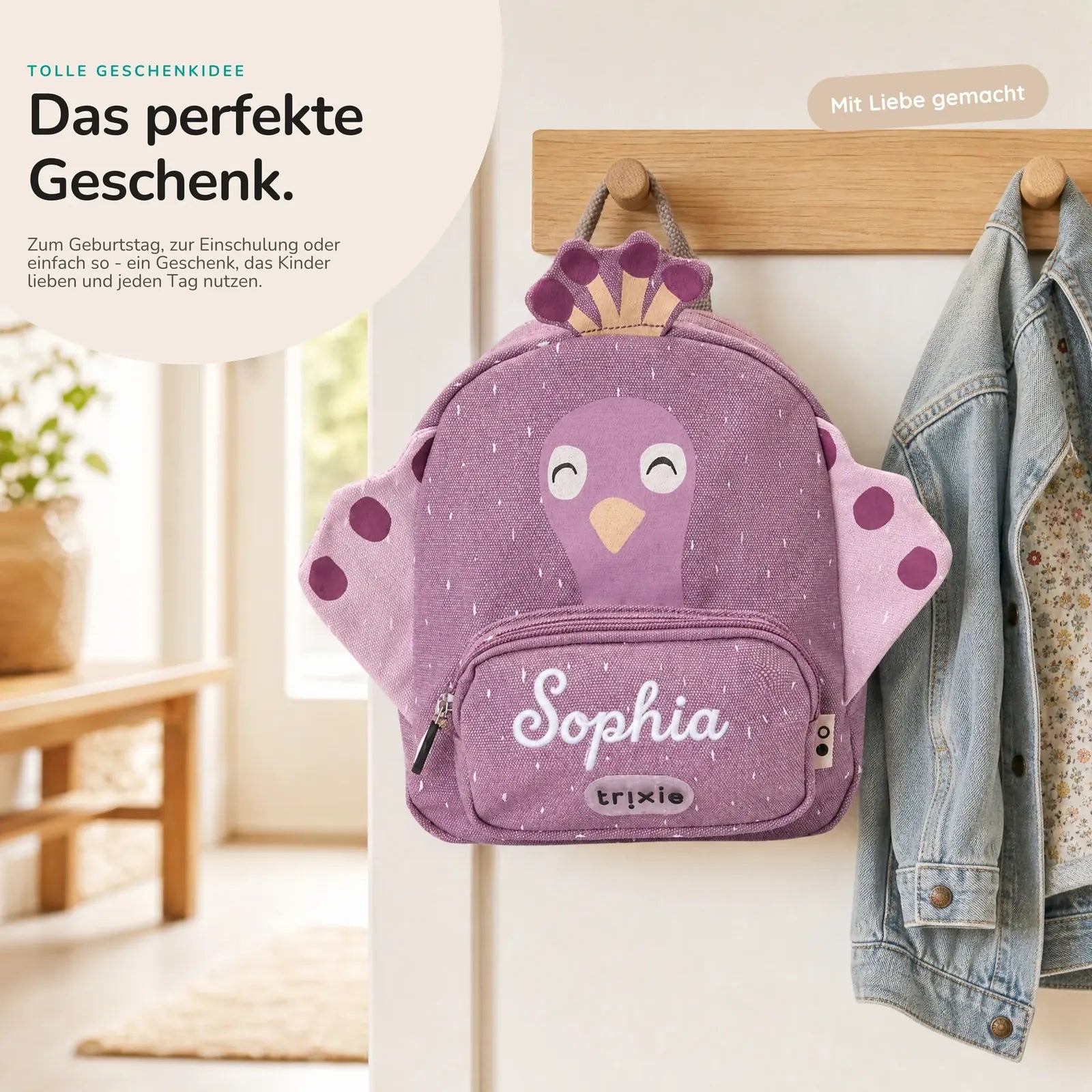 Trixie Kindergartenrucksack Pfau, zwei Größen Klein und Groß