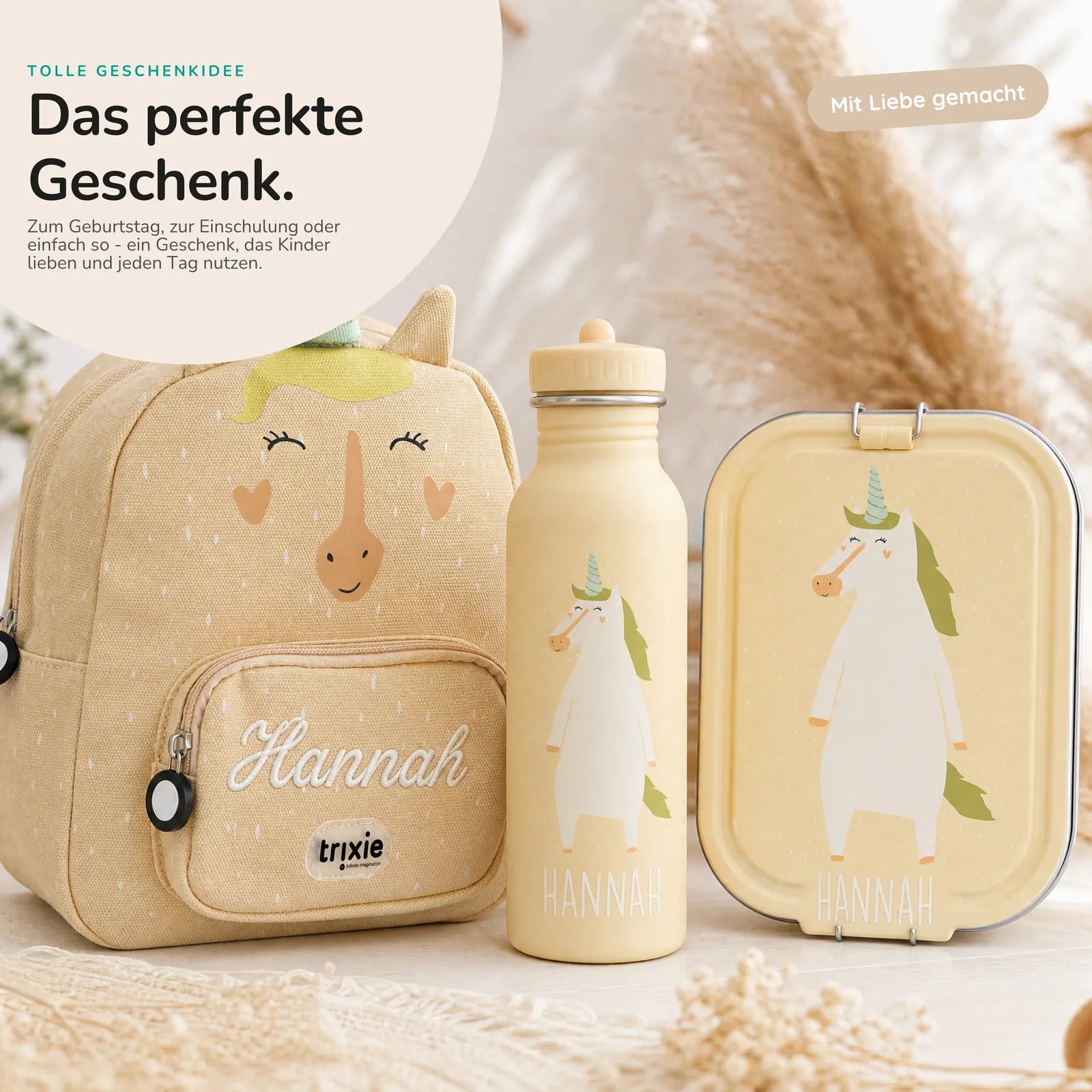 Trixie Kindergarten Set Einhorn, Kita-Set mit Rucksack, Brotdose und Trinkflasche