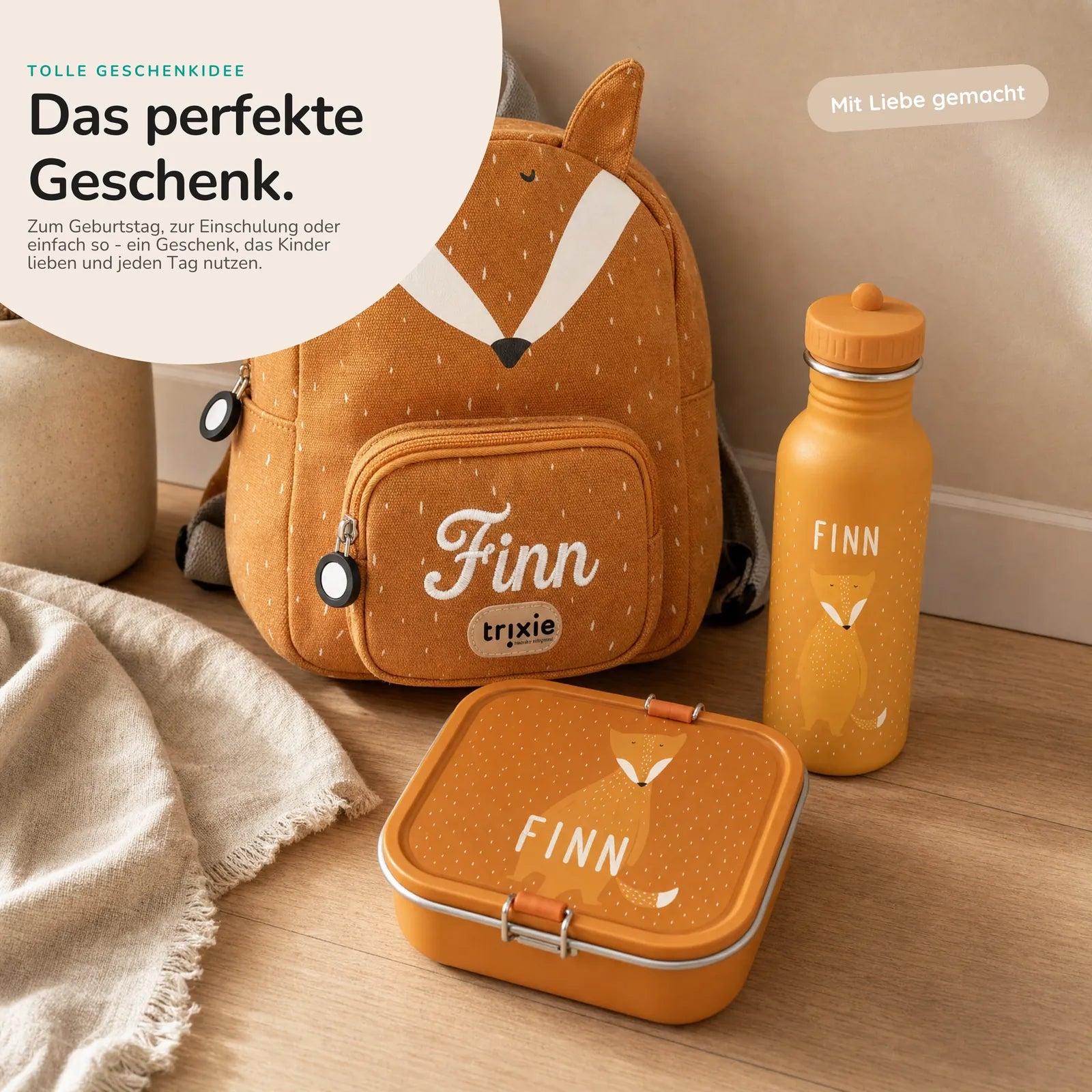 Trixie Kindergarten Set Fuchs, Kita-Set mit Rucksack, Brotdose und Trinkflasche
