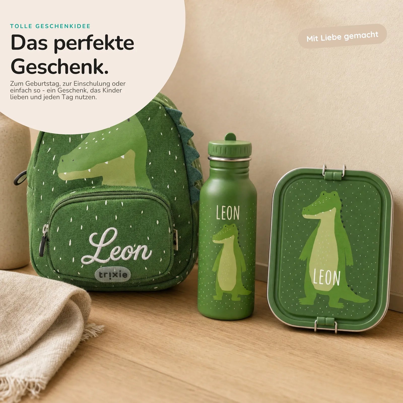 Trixie Kindergarten Set Krokodil, Kita-Set mit Rucksack, Brotdose und Trinkflasche