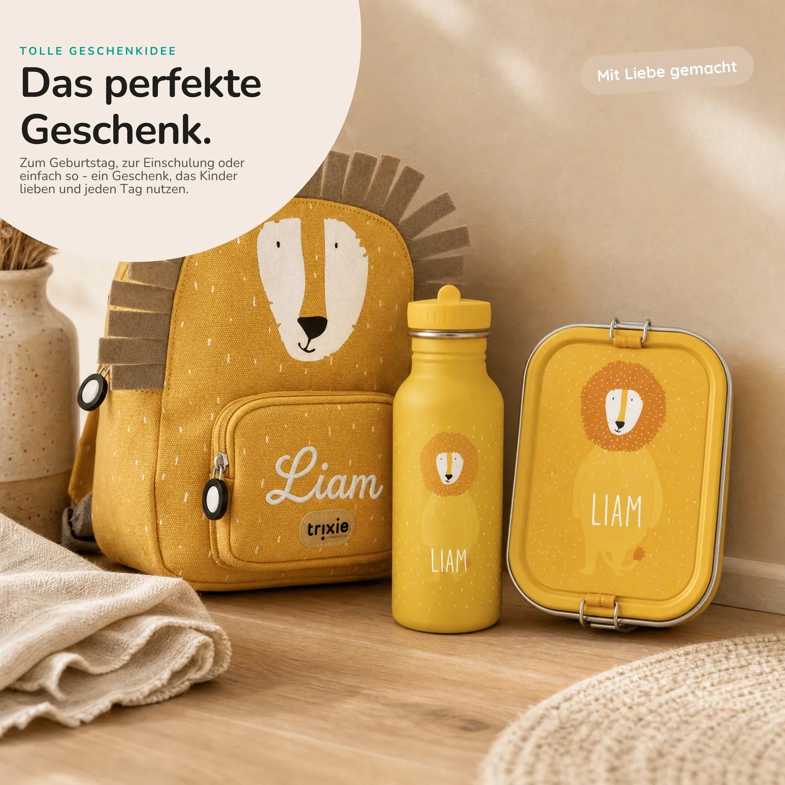 Trixie Kindergarten Set Löwe, Kita-Set mit Rucksack, Brotdose und Trinkflasche