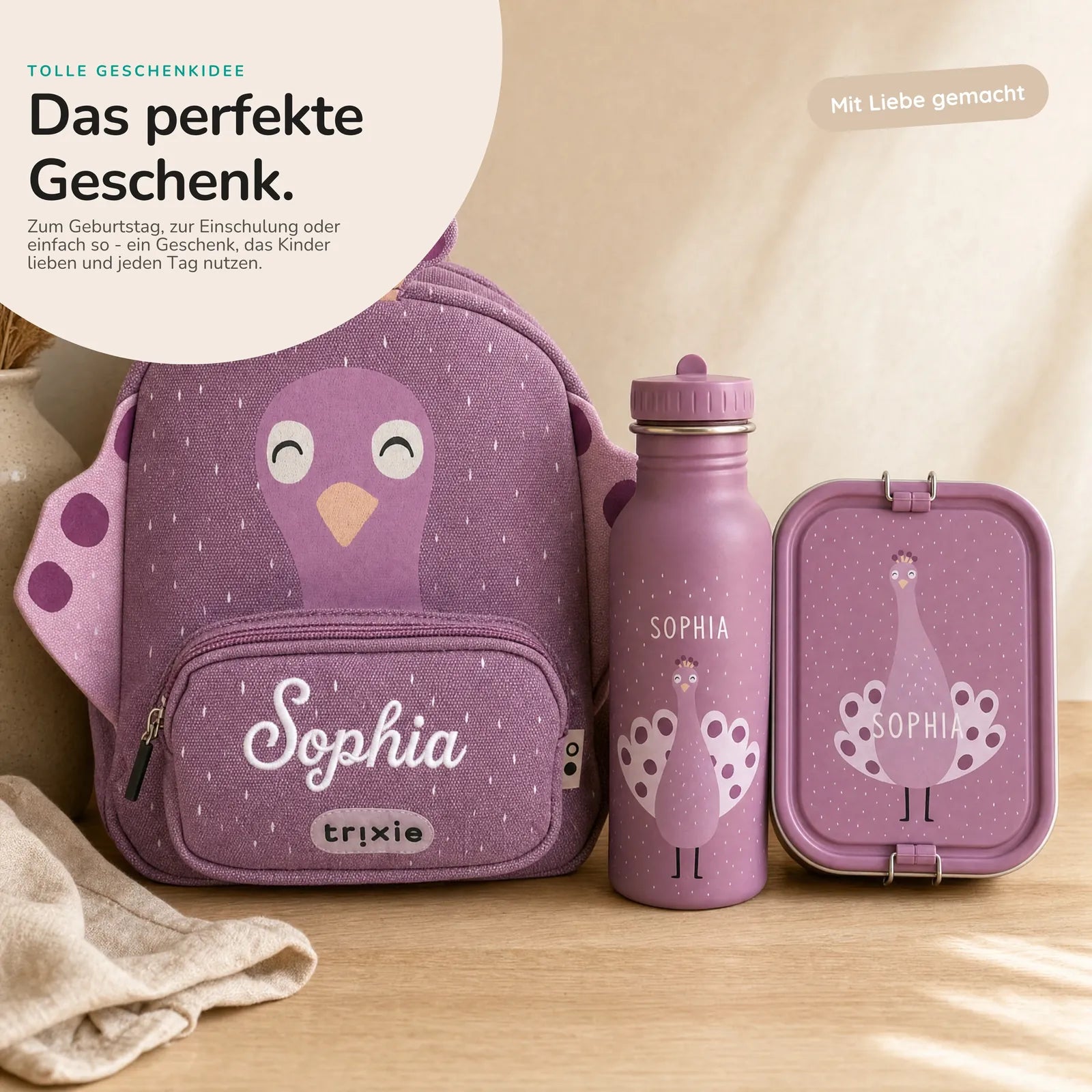 Trixie Kindergarten Set Pfau, Kita-Set mit Rucksack, Brotdose und Trinkflasche