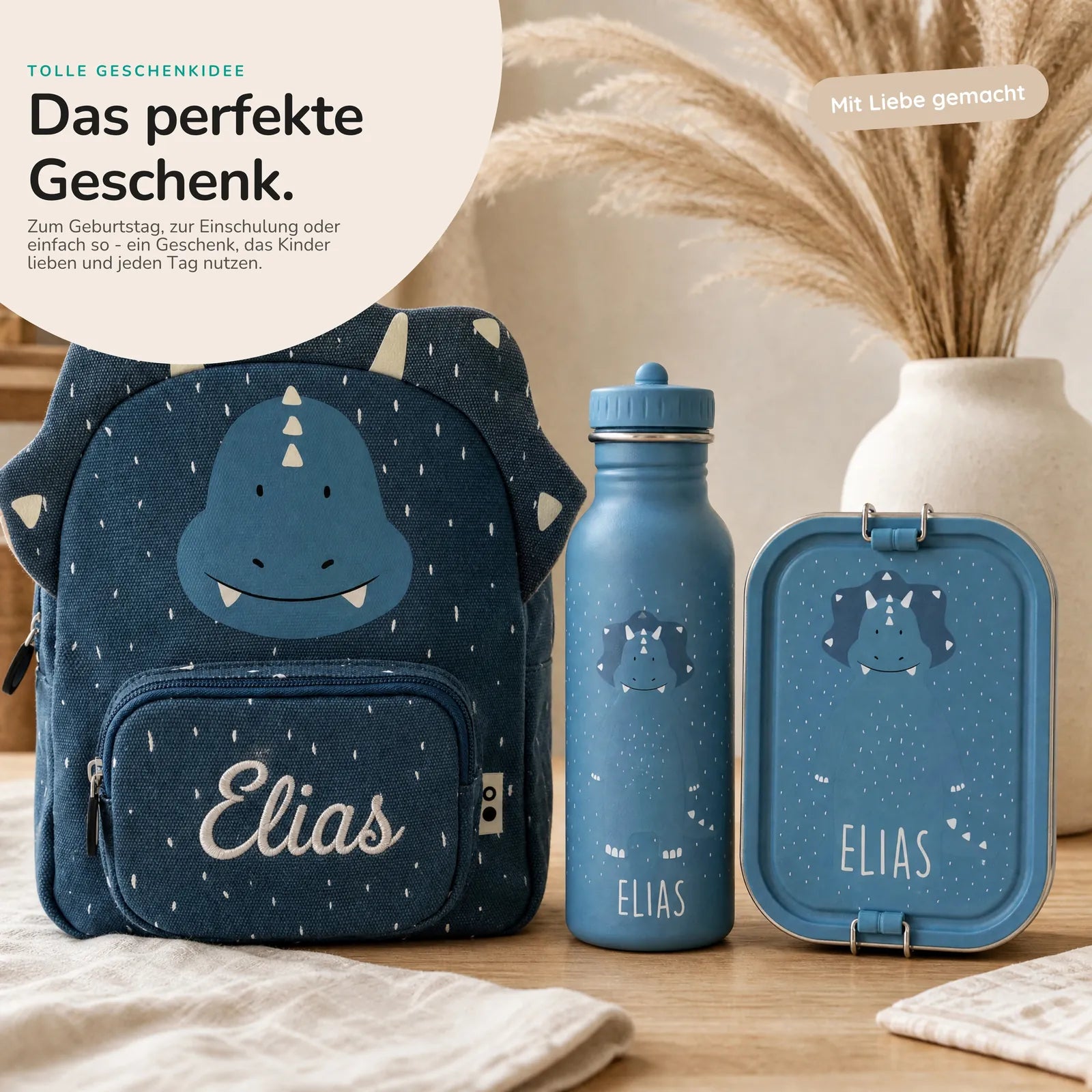Trixie Kindergarten Set Triceratops, Kita-Set mit Rucksack, Brotdose und Trinkflasche