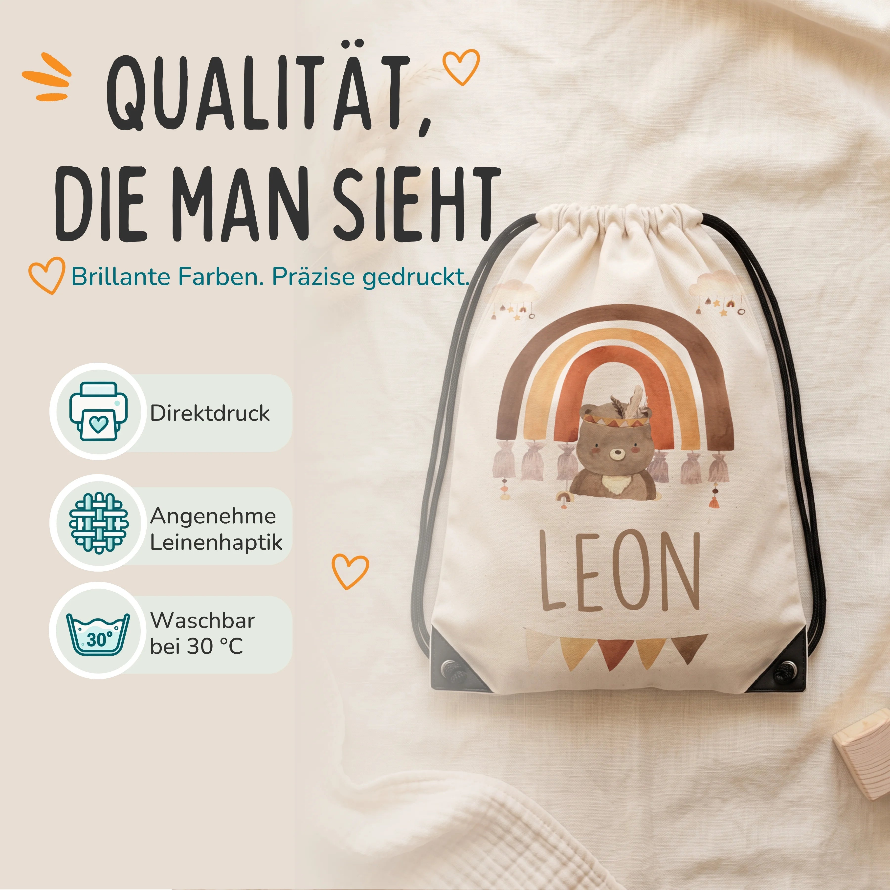 Personalisierter Turnbeutel Boho BÀr Regenbogen, Direktdruck auf Polyester mit Leinenhaptik, waschbar bei 30 °C