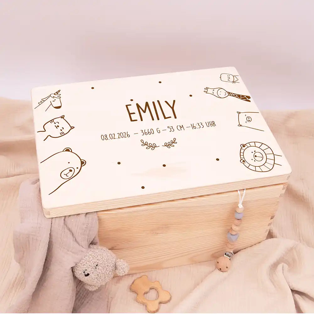 Erinnerungsbox Baby - fröhliche Tierfamilie