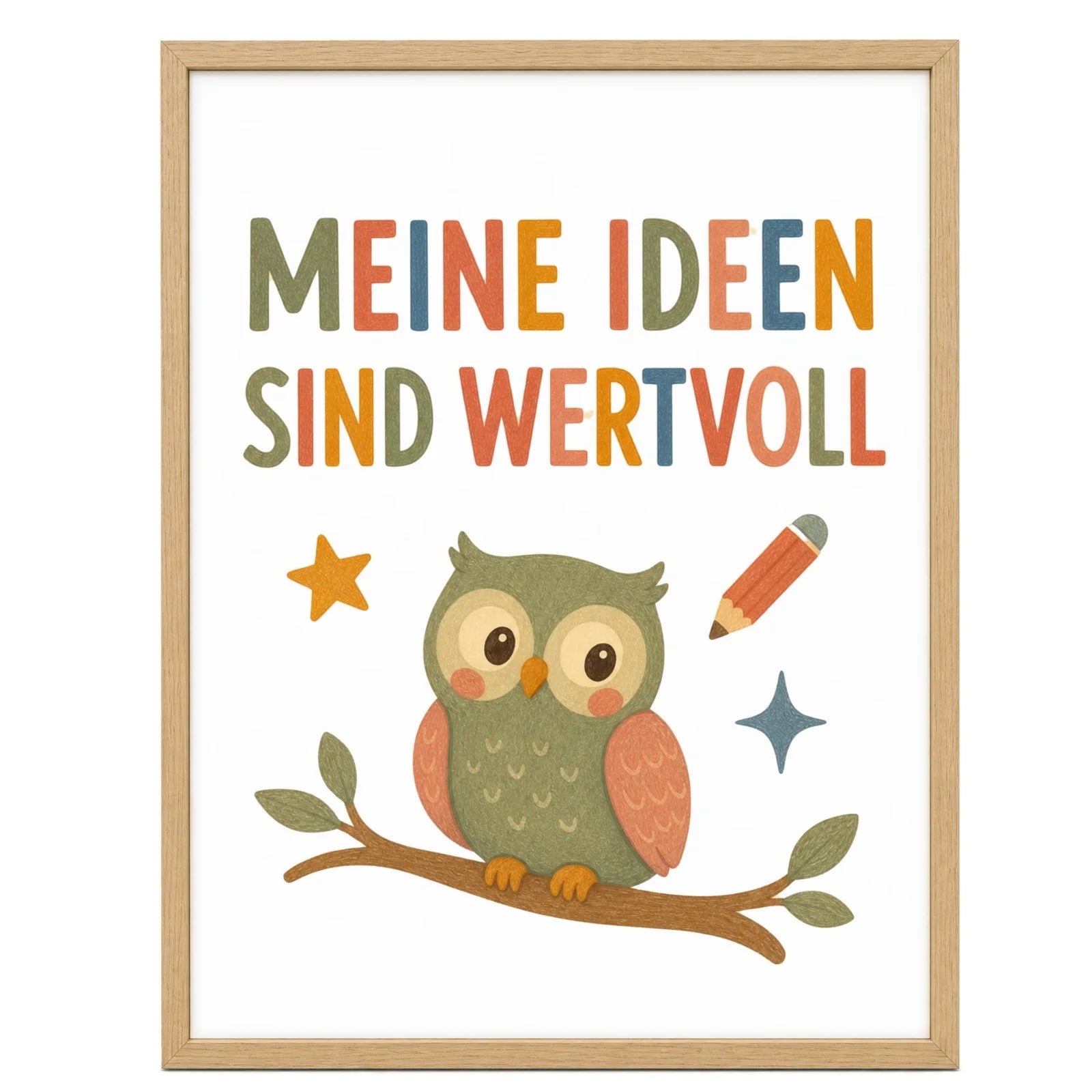 Affirmationsposter Kinderzimmer Eule Meine Ideen sind wertvoll, im Mädchenzimmer