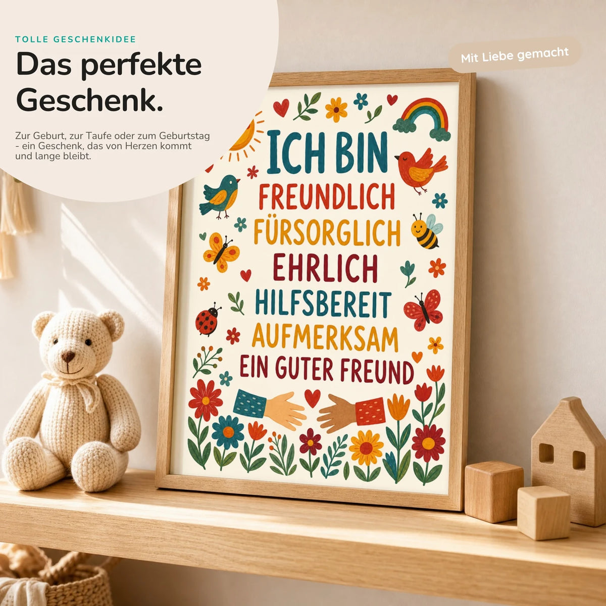 Affirmationsposter âBlumen Ich bin freundlichâ mit Teddy â Geschenk zur Geburt oder Taufe