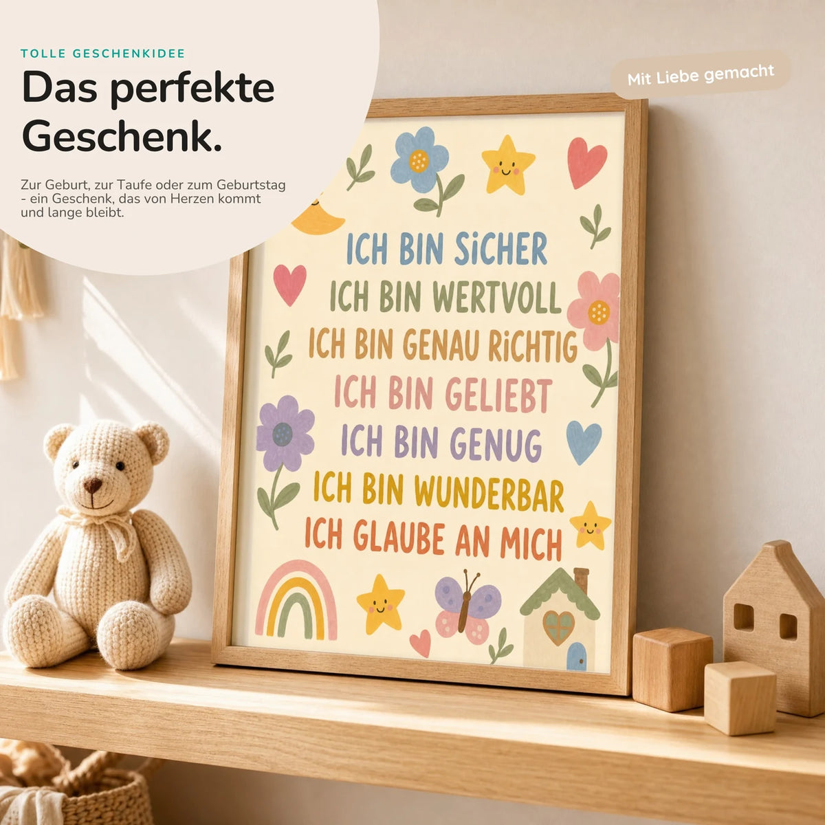 Affirmationsposter âBlumenwiese Ich bin sicherâ mit Teddy â Geschenk zur Geburt oder Taufe