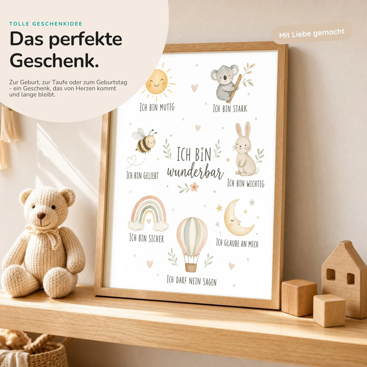 Affirmationsposter âCollage Ich bin wunderbarâ mit Teddy â Geschenk zur Geburt oder Taufe