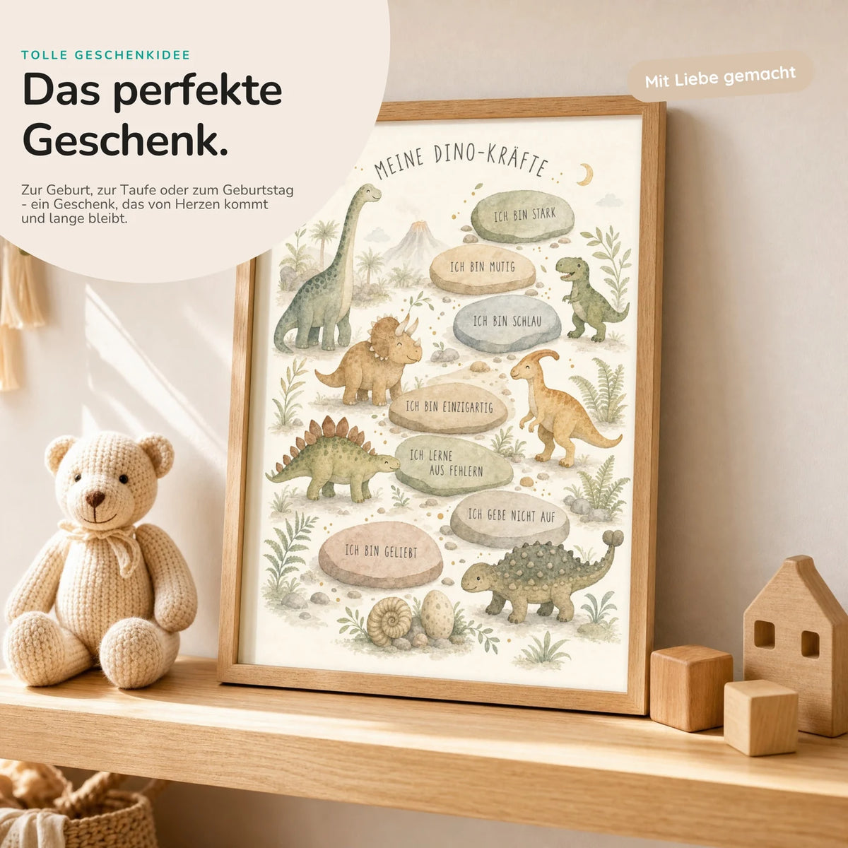 Affirmationsposter âDino-KrĂ€fteâ mit Teddy â Geschenk zur Geburt oder Taufe