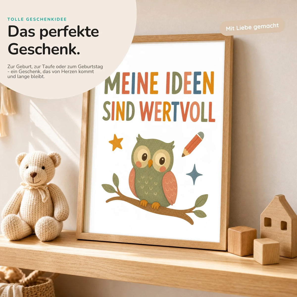 Affirmationsposter âEule Meine Ideen sind wertvollâ mit Teddy â Geschenk zur Geburt oder Taufe